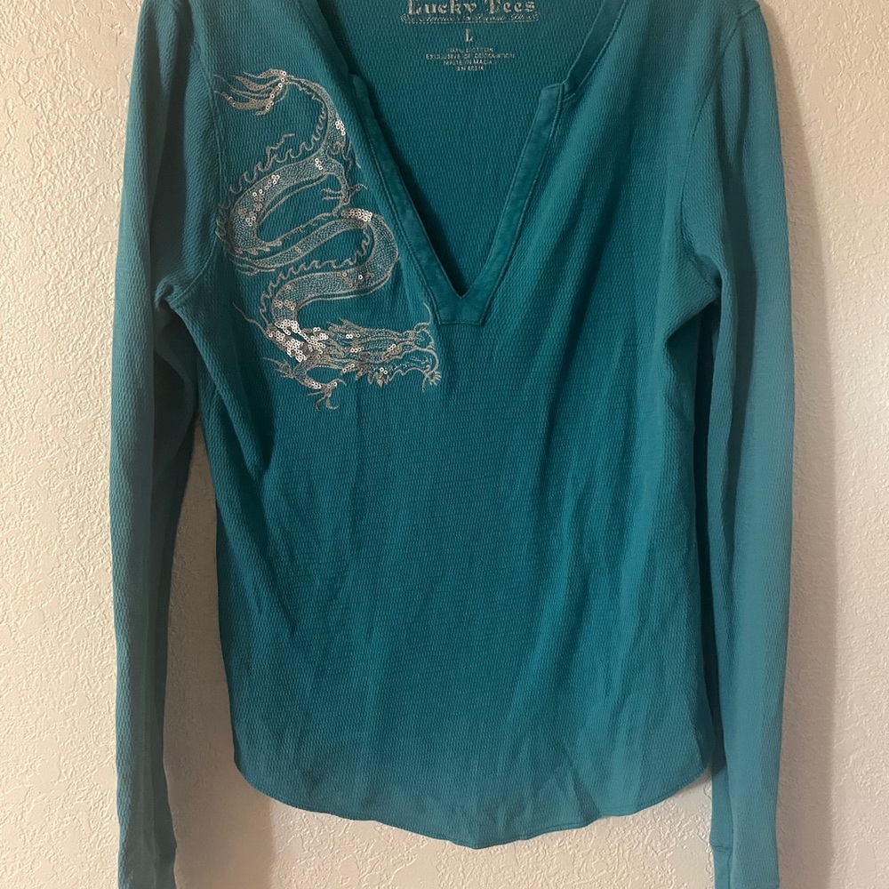 Lucky Teal Long Sleeve Top with Silver Dragon